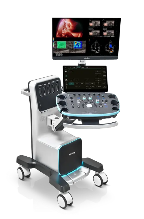 Ecógrafo Mindray Resona I9 vista lateral con transductores acoplados